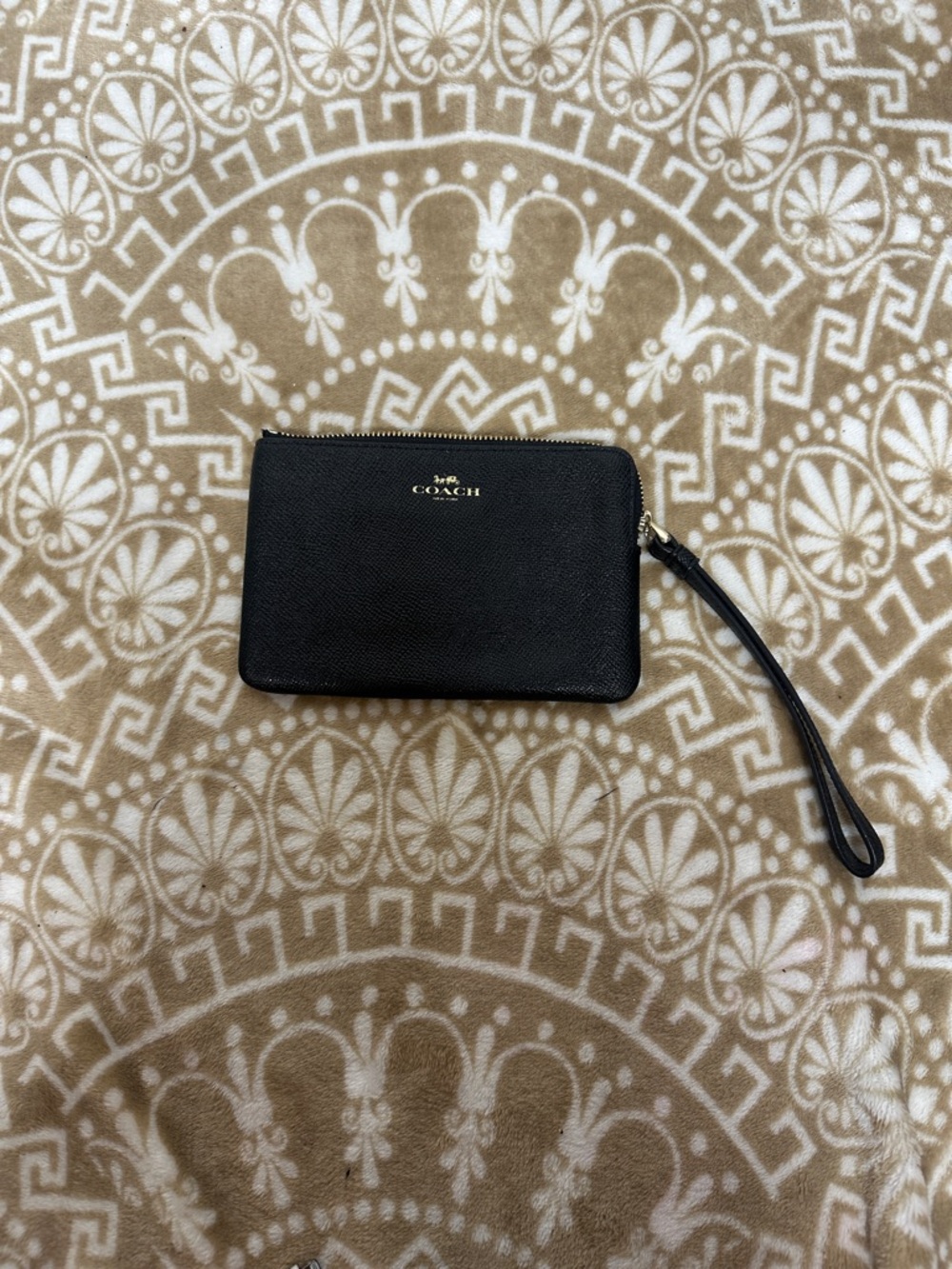 Coach Black Pebbled Leather Zip Wristlet with Gold Hardware